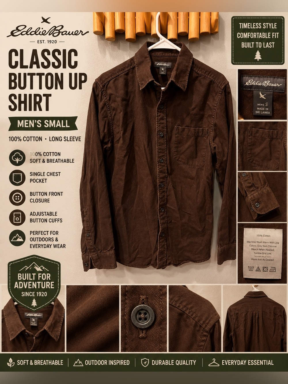 Eddie Bauer Men’s Small Brown Button Up Shirt Cotton Long Sleeve Casual Outdoor